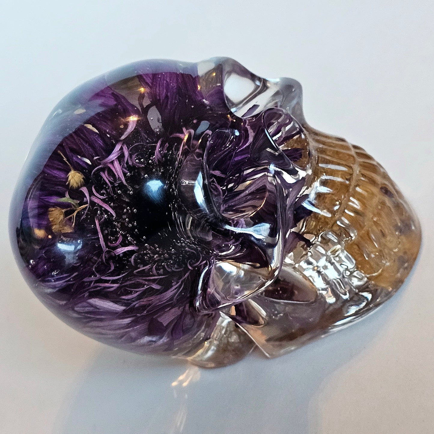 #0217, #0227, #0232 - 3 piece matching set Handmade Resin Skull - Large purple Aster flower in clear resin, get the set!