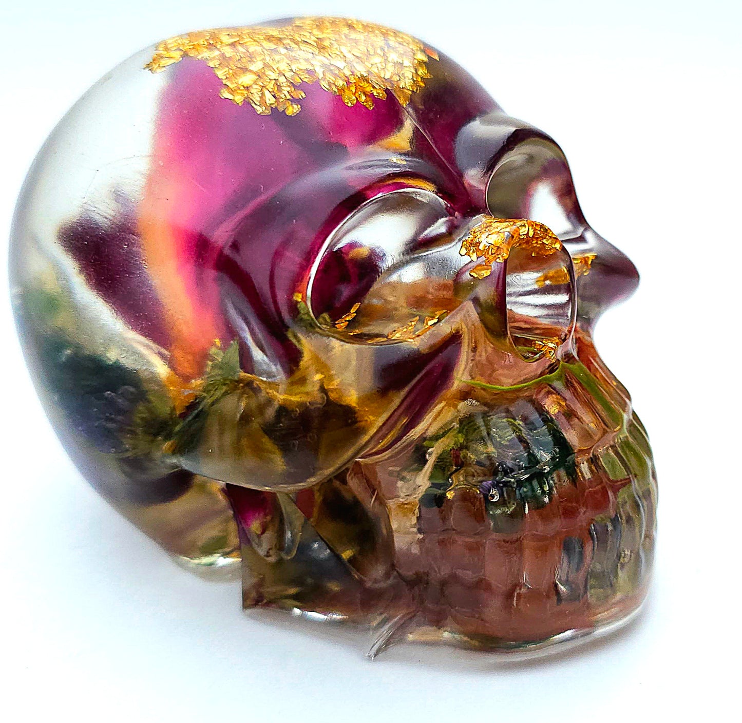 *SOLD*Handmade Resin Skull- Large wild Rose, with flower mixture. Discounted price. This piece came out quite cloudy.