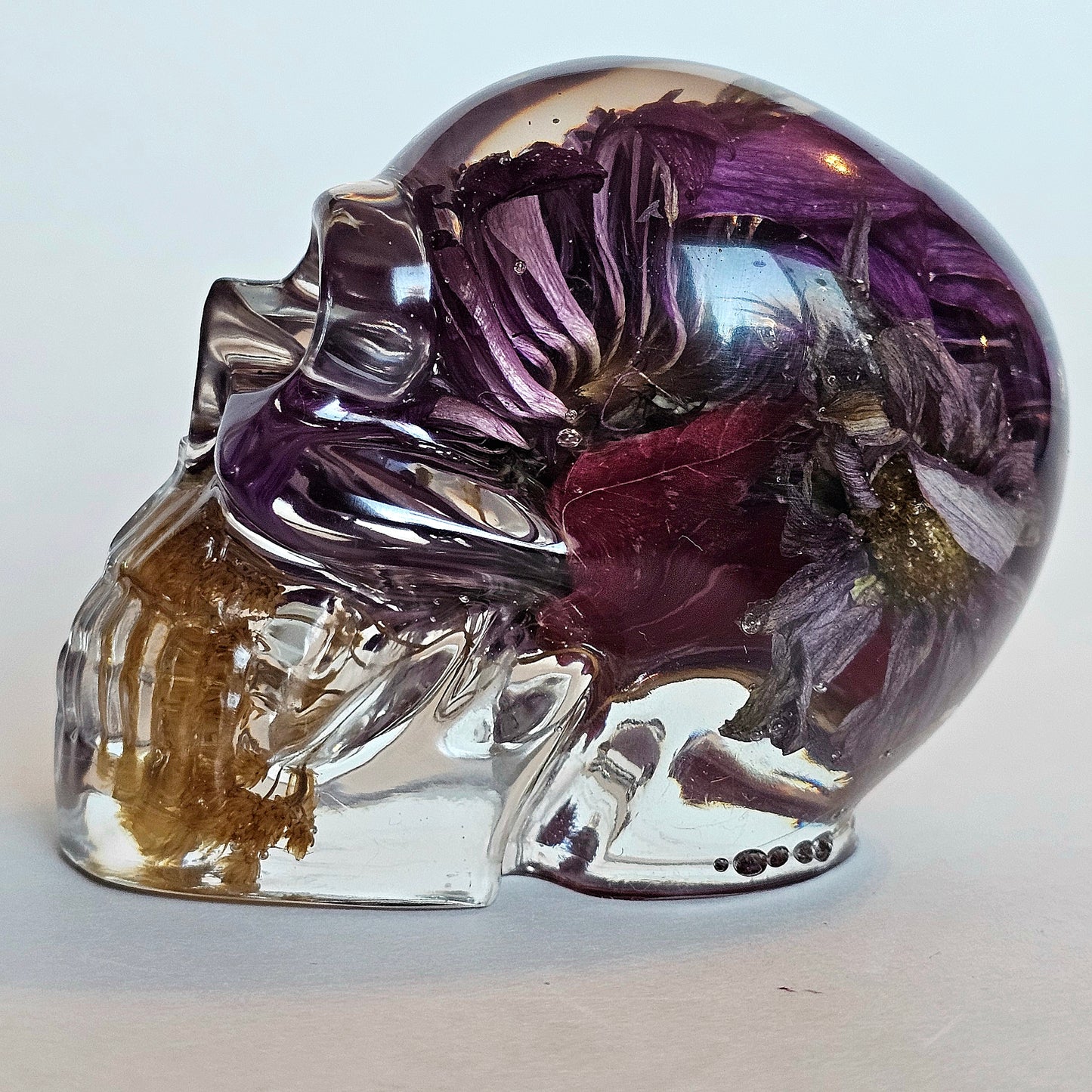 #0217, #0227, #0232 - 3 piece matching set Handmade Resin Skull - Large purple Aster flower in clear resin, get the set!