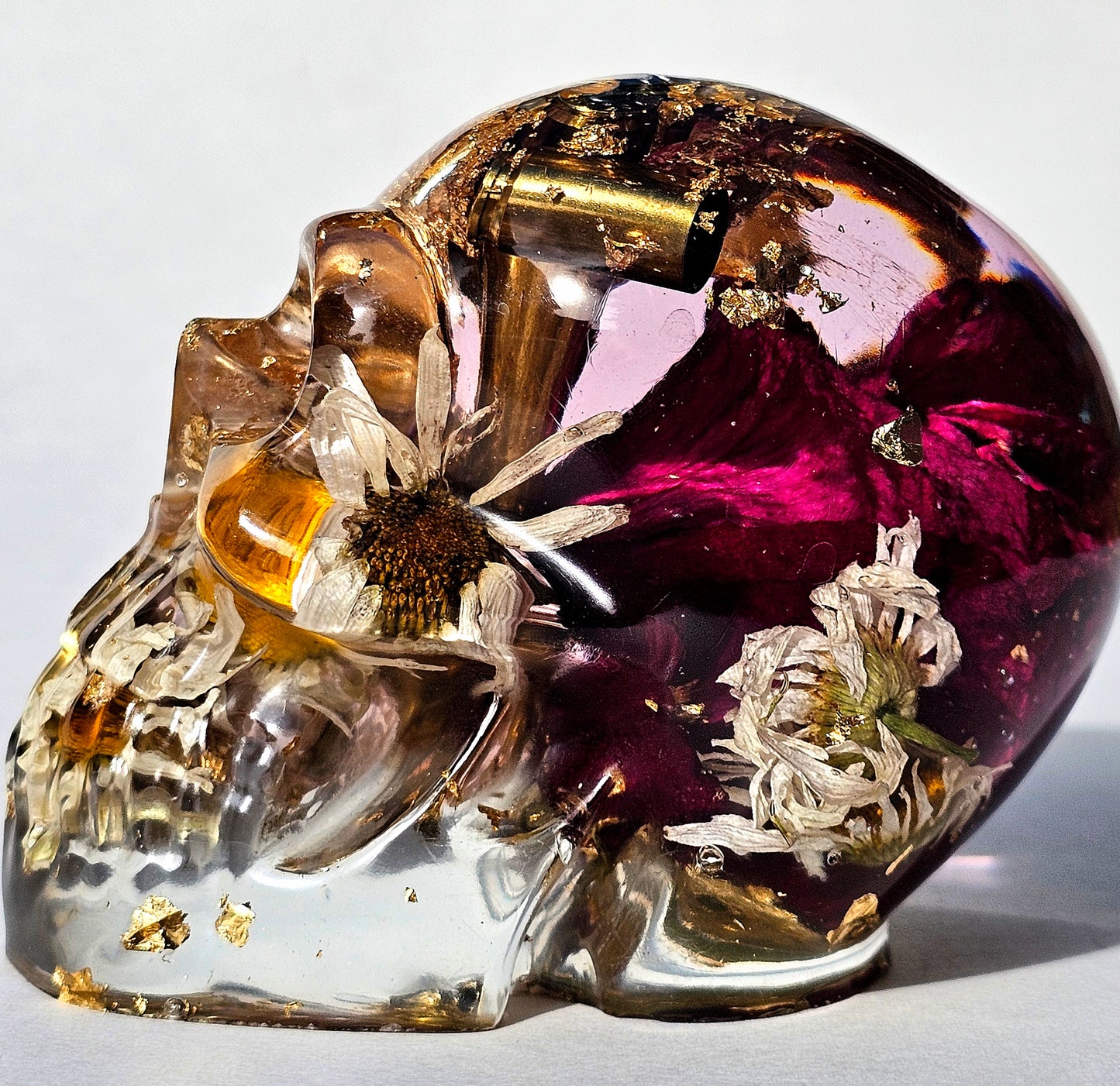 #0285 - Handmade Resin Skull - Mixed flowers, with brass