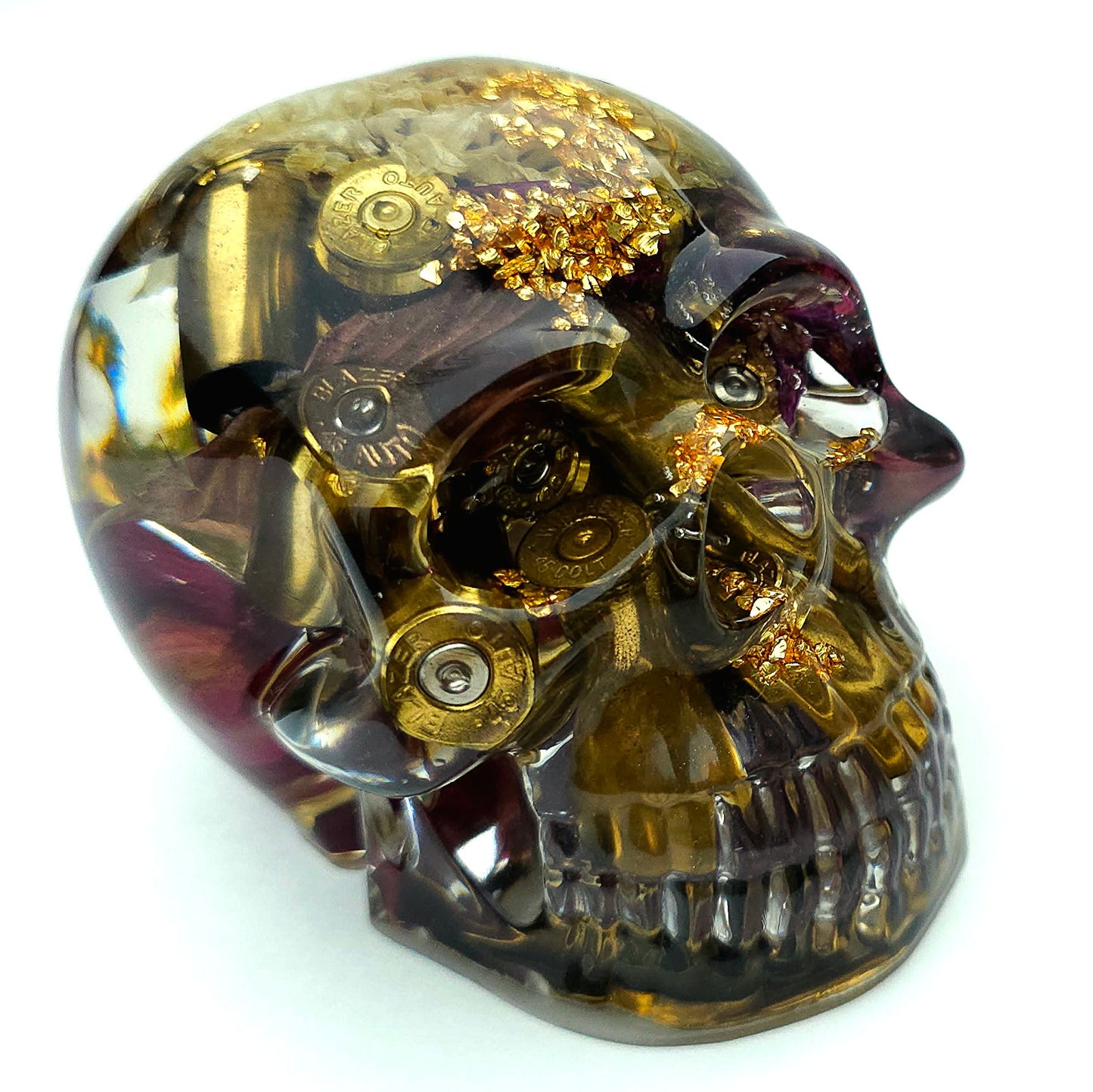 *SOLD*Handmade Resin Skull - With dried wild Rose and flowers. We've also added spent brass shells to help ground the piece and give it different twist.