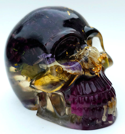*SOLD*Handmade Resin Skull - with brass shells, white purple flowers, and signature large gold flake.