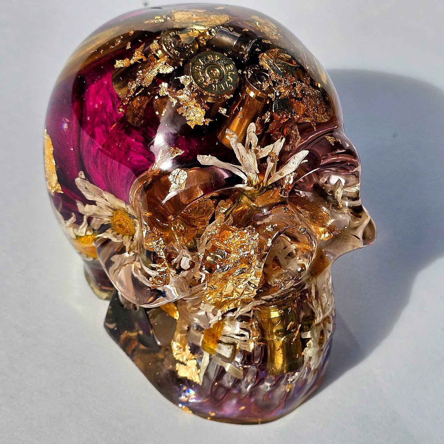 #0285 - Handmade Resin Skull - Mixed flowers, with brass