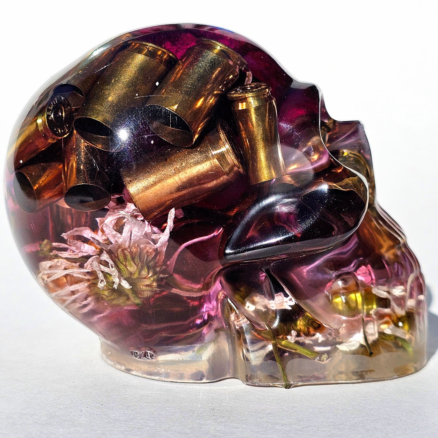 #0282 - Handmade Resin Skull - Mixed flowers, with large wild rose and brass accent