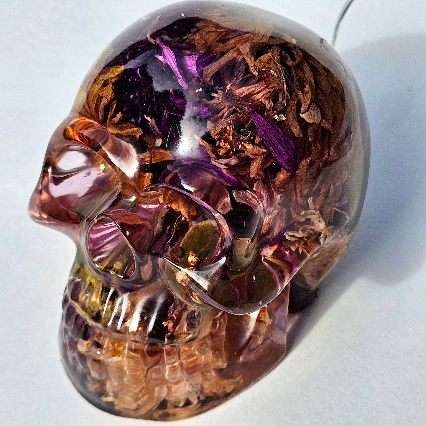 #0290 - Handmade Resin Skull - One of my favorites. Autumn flower blend with excellent contrast. This one lights up!           HAS LIGHTS!