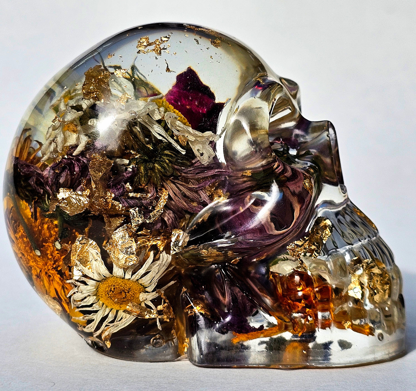 #0286 - Handmade Resin Skull - Mixed flowers, pops of color all over. Nice clear piece.