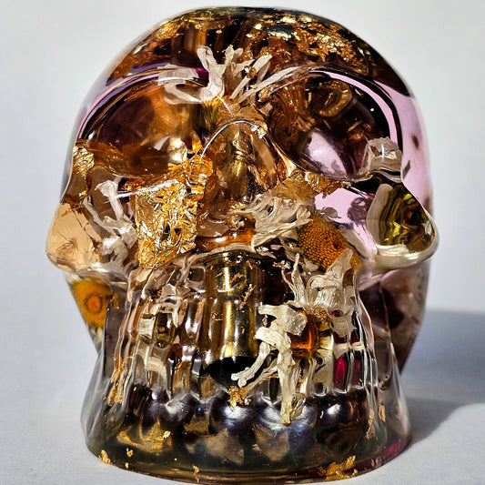 #0285 - Handmade Resin Skull - Mixed flowers, with brass