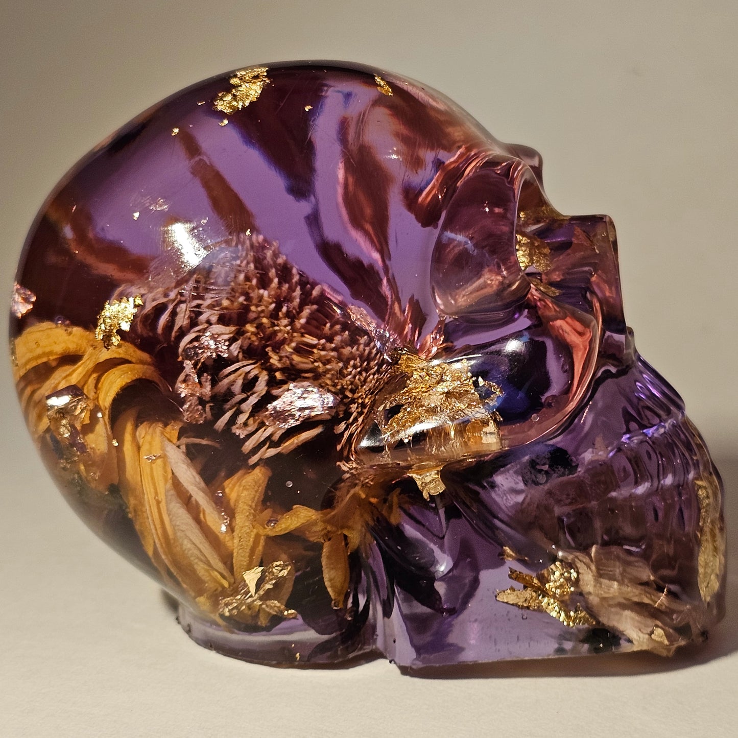 SOLD#0255 Handmade Resin Skull - Mixed wild flowers with light purple resin