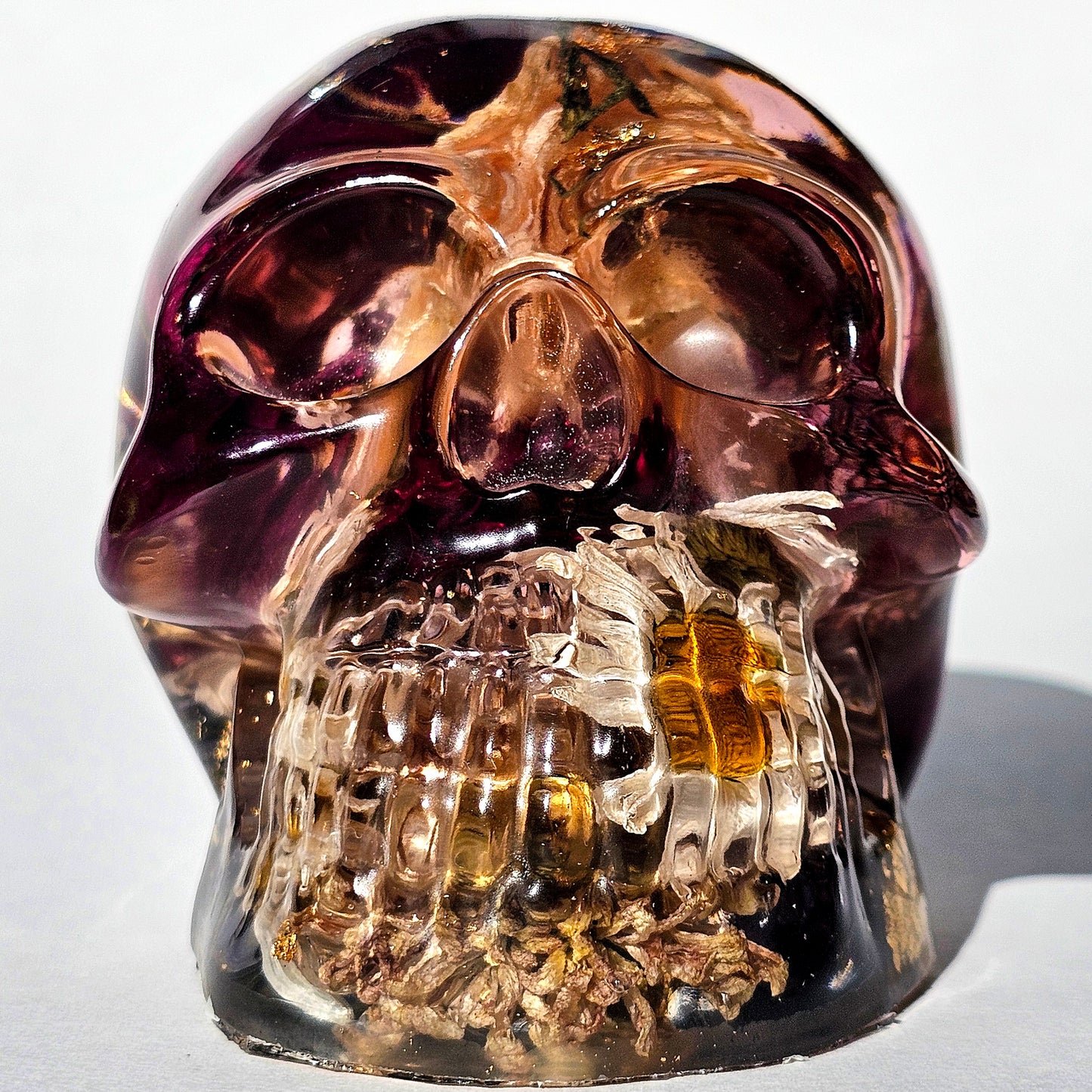 #0283 - Handmade Resin Skull - Mixed flowers, with large wild white rose, and red wild roses