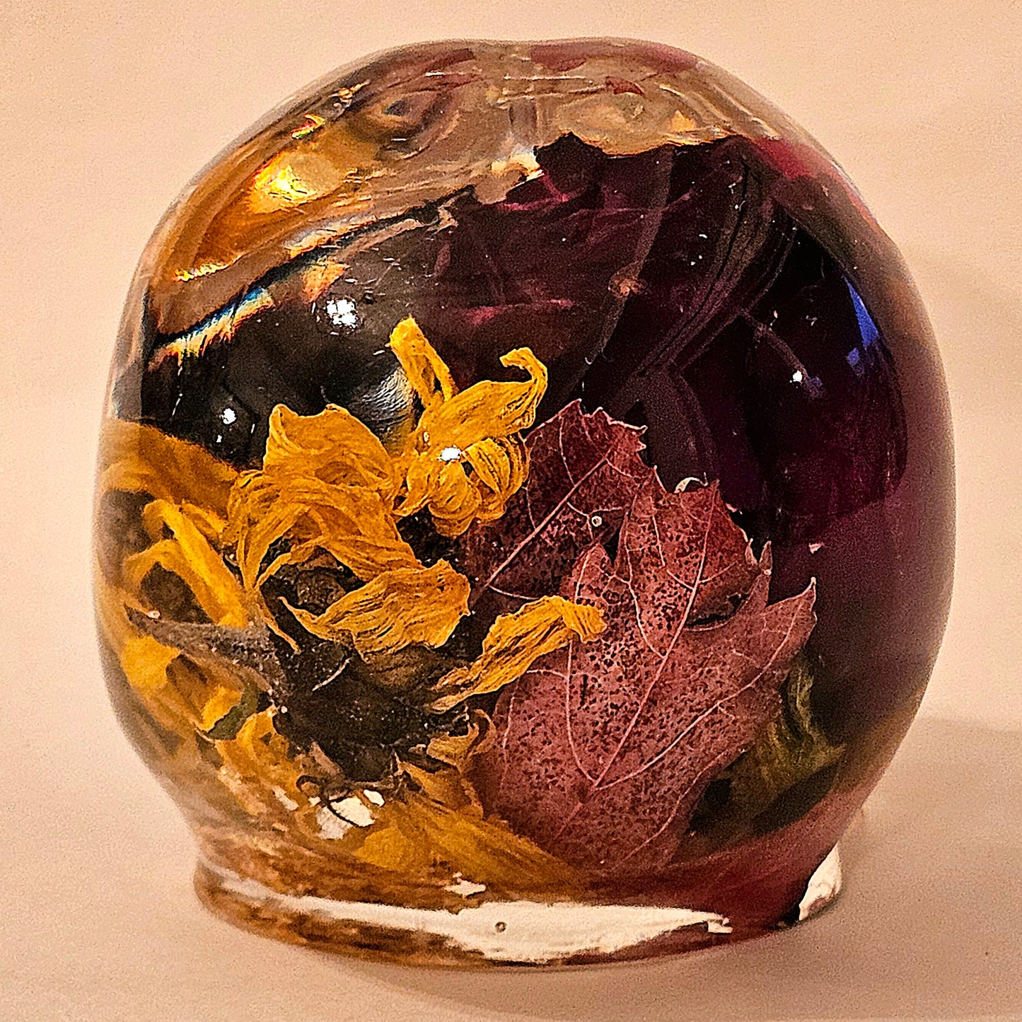 #0152 Handmade Resin Skull - Rose, with maple leaf sun flowers and gold