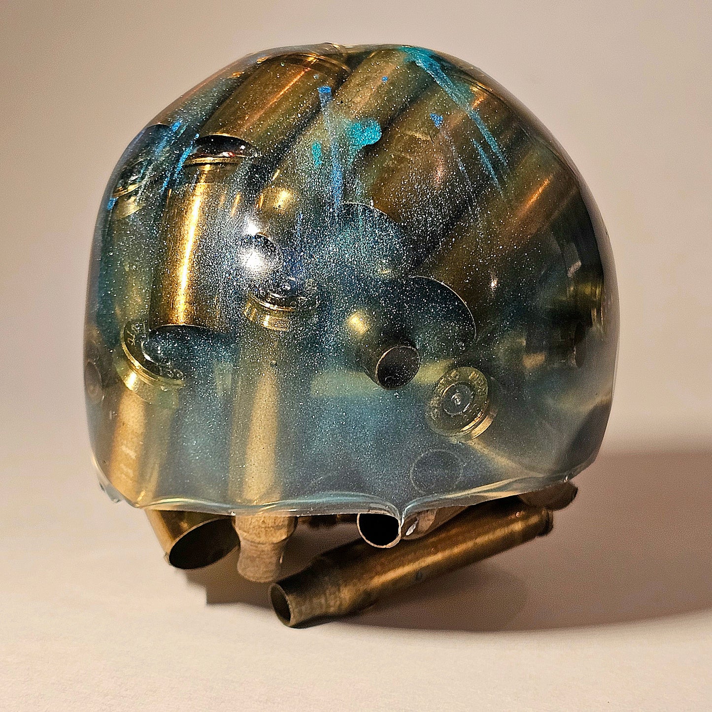 #0259 Handmade Resin Skull - Mixed brass in silver pigmen/blue resin. One of a kind for sure.