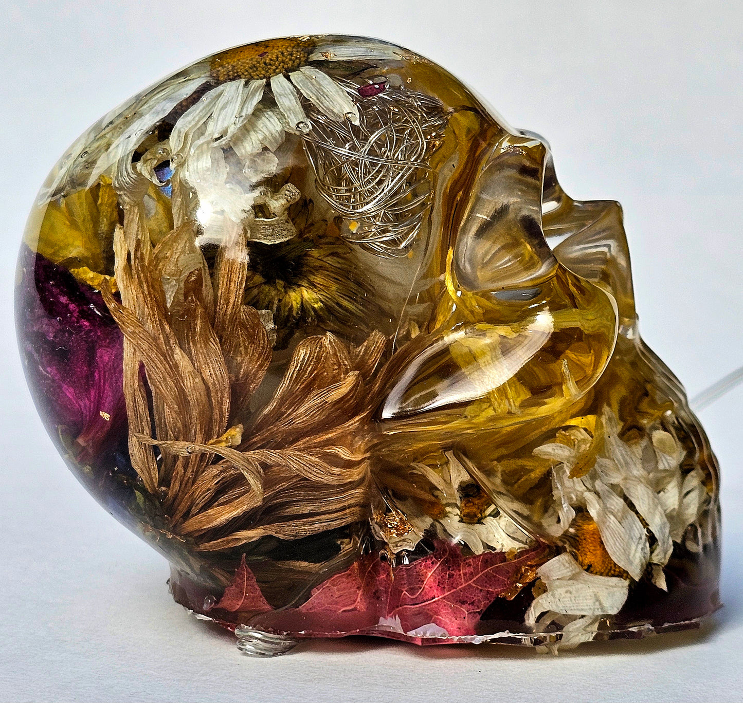 #0291 - Handmade Resin Skull - Autumn flower blend with excellent contrast. This one lights up! HAS LIGHTS!