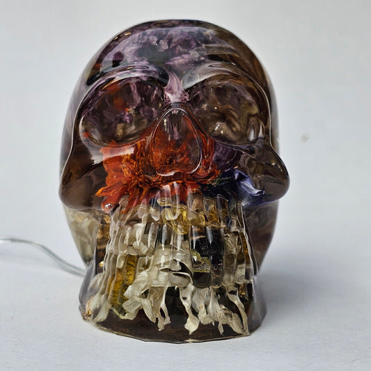 #0297 - Handmade Resin Skull - Autumn flower blend with gold foil. This one lights up! HAS LIGHTS!