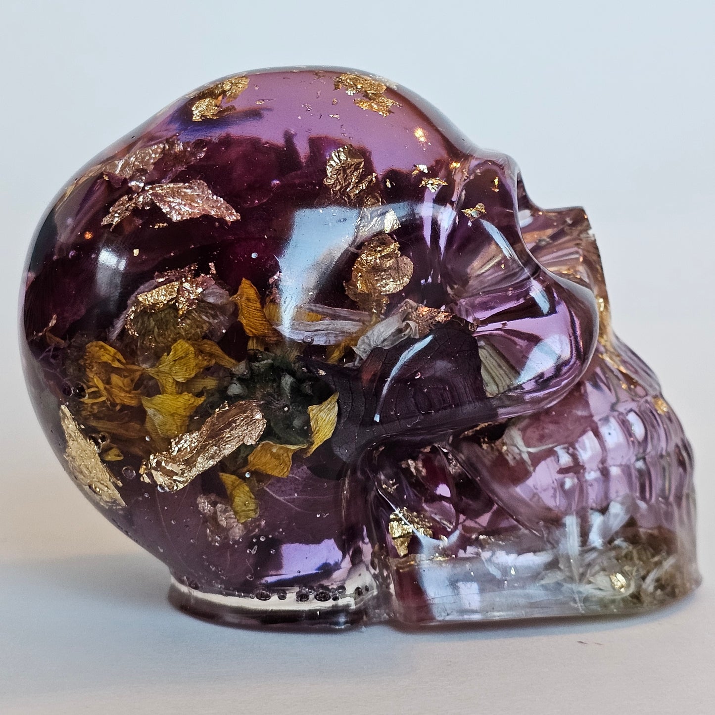 #0211 Handmade Resin Skull - Mixed wild flowers in purple resin